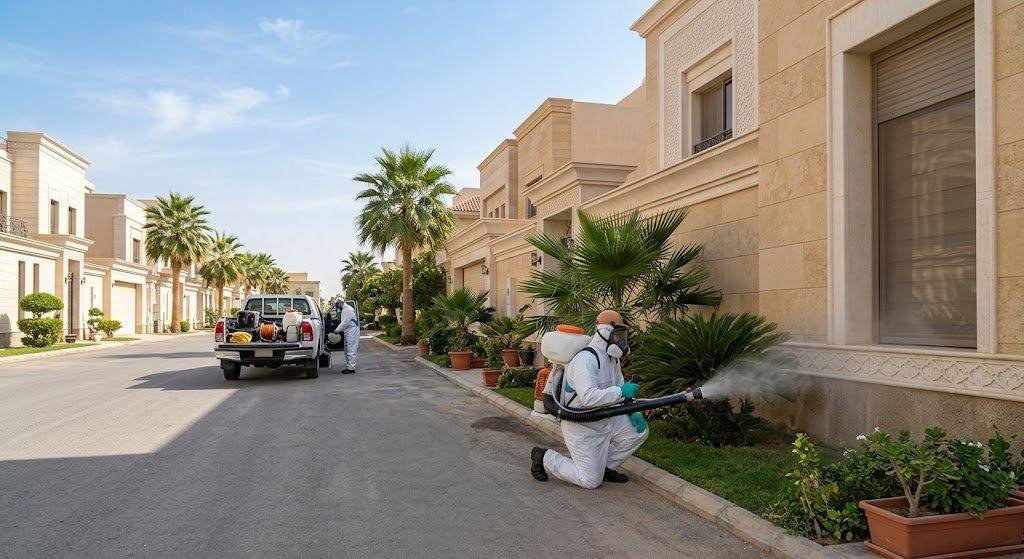 فريق عمل محترف يقوم برش المبيدات ومكافحة الحشرات بجودة عالية وأمان تام ضمن خدمات مكافحة حشرات حي الدرعية لضمان بيئة نظيفة وصحية للعملاء.